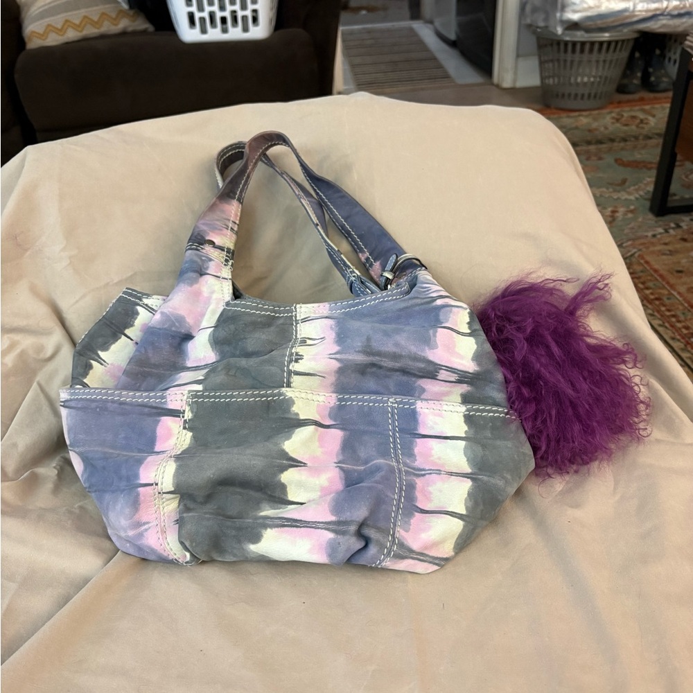 B. Makowsky Tie Dye Leather Mini Satchel Tote Bag Purple Fur Accent - Picture 2 of 10